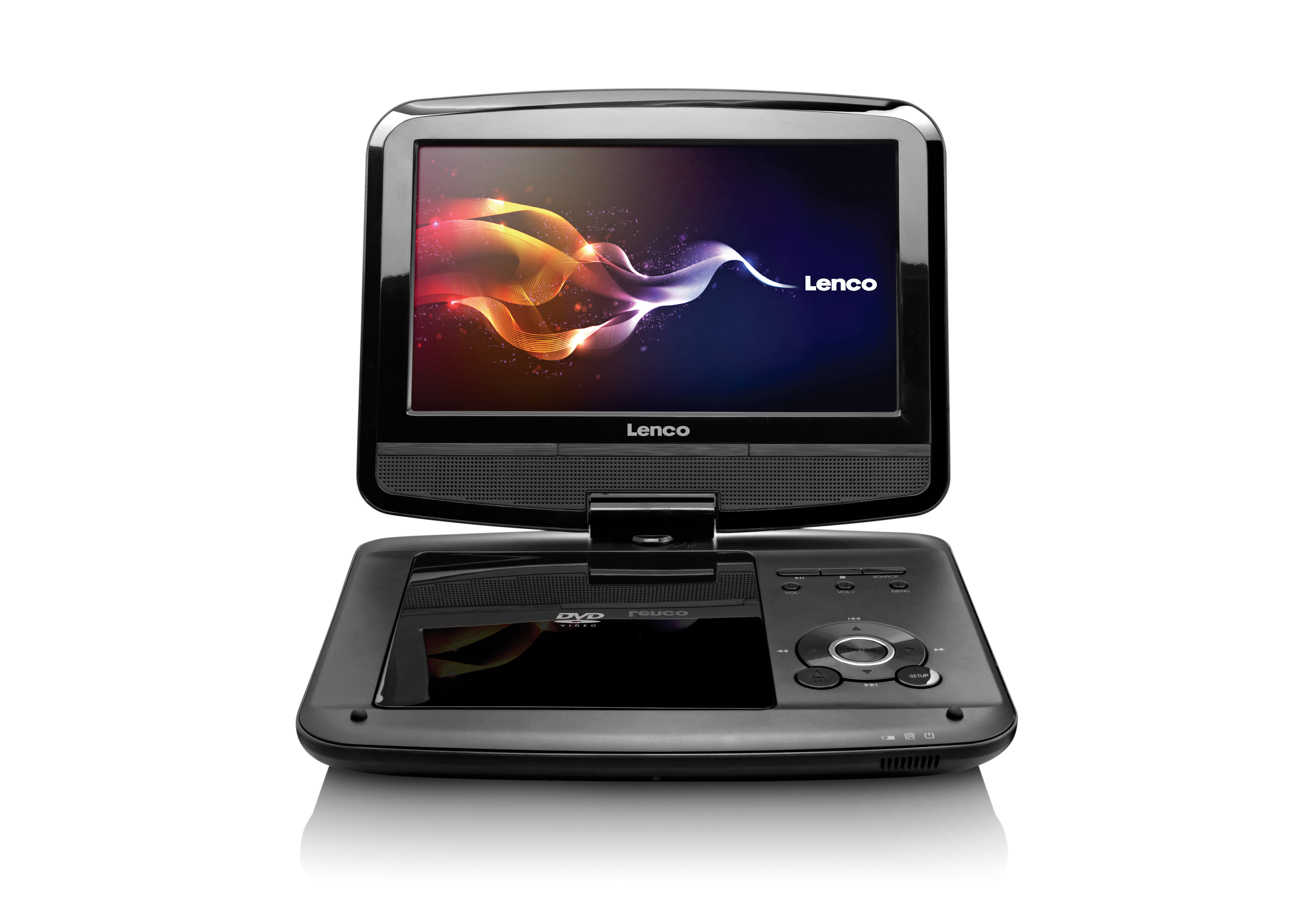Ein schwarzer tragbarer DVD-Player, geöffnet, zeigt einen farbenfrohen Bildschirm mit dem Lenco-Logo. Weißer Hintergrund.