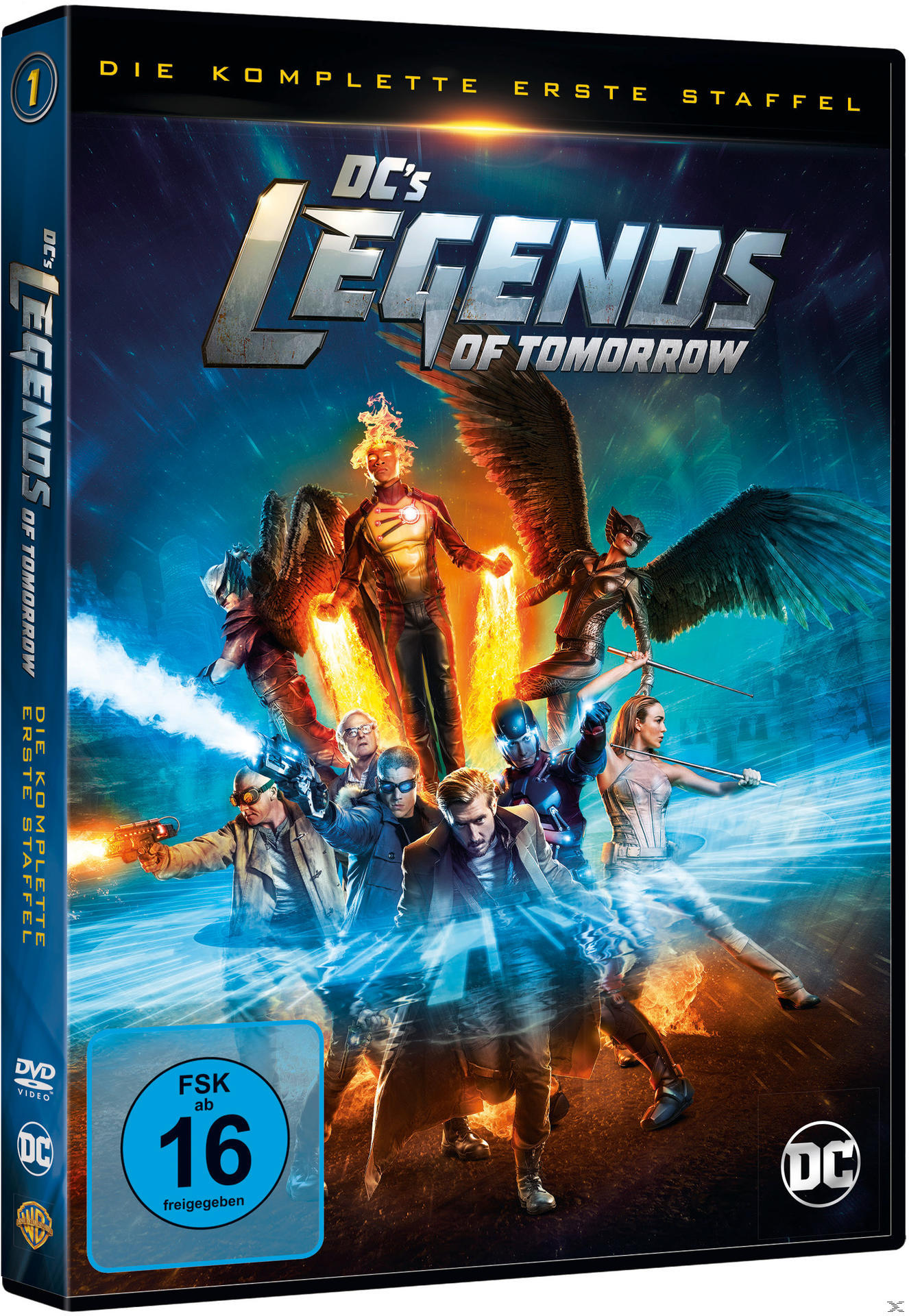 DVD-Cover von Legends of Tomorrow, das eine Gruppe von Helden mit blauem und feurigem Hintergrund zeigt.