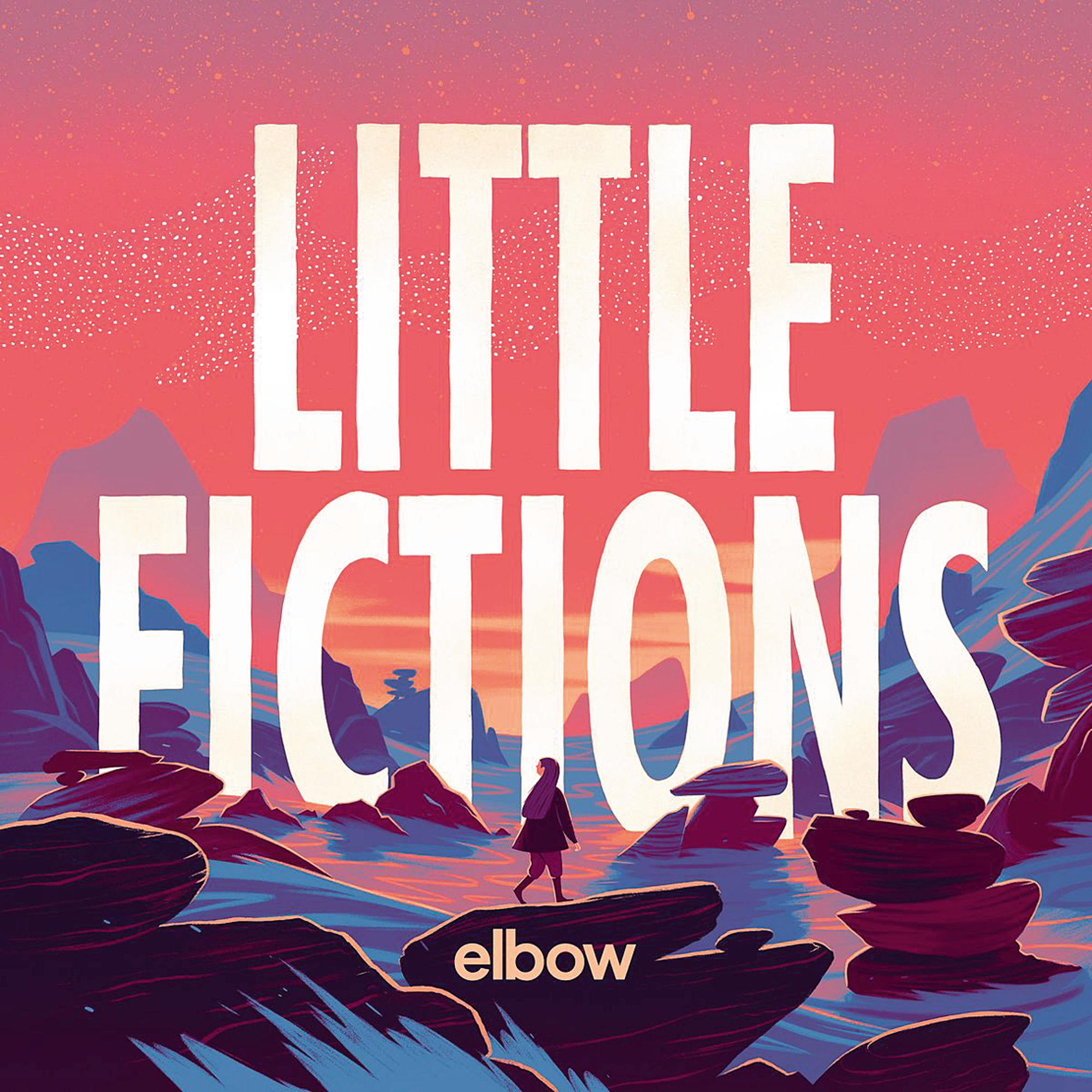 Albumcover. Weißer Text 'LITTLE FICTIONS' über einer Landschaft mit einer Figur, die auf den Horizont zugeht.