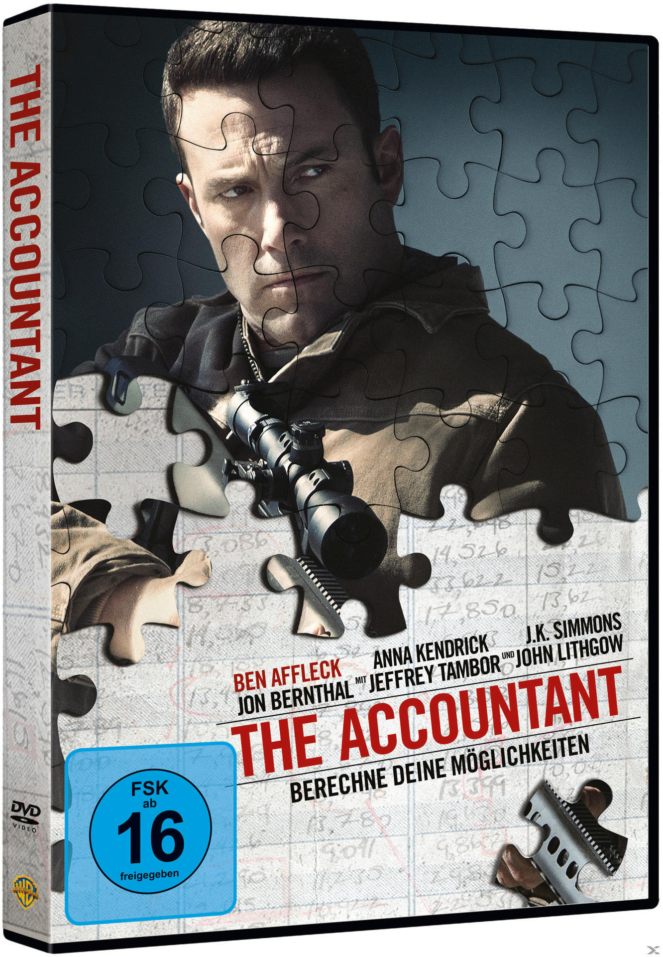 Filmcover mit Ben Affleck und Text. Ein Puzzle-ähnliches Design. Grünes Etikett.
