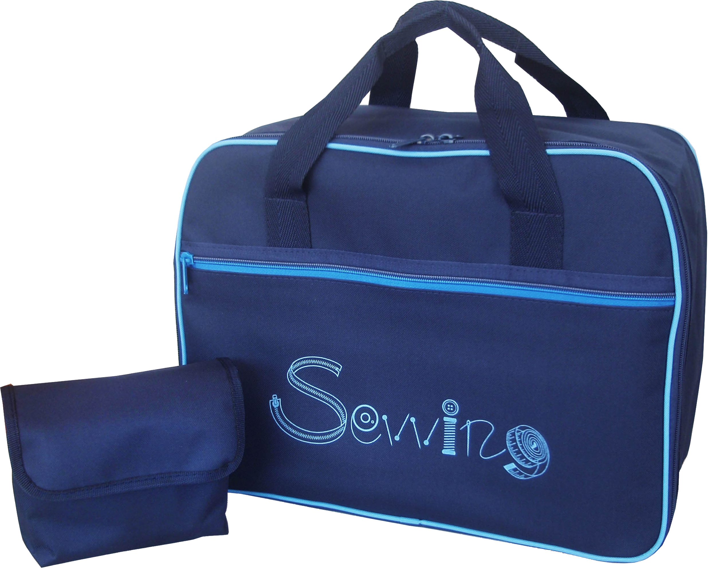 Blaue Näh-Tasche mit kleiner Tasche, mit Näh-bezogenem Text.