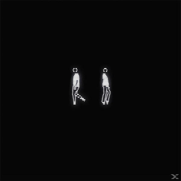 Twee gepixelde figuren, wit op zwart, lijken op mensen die lopen.