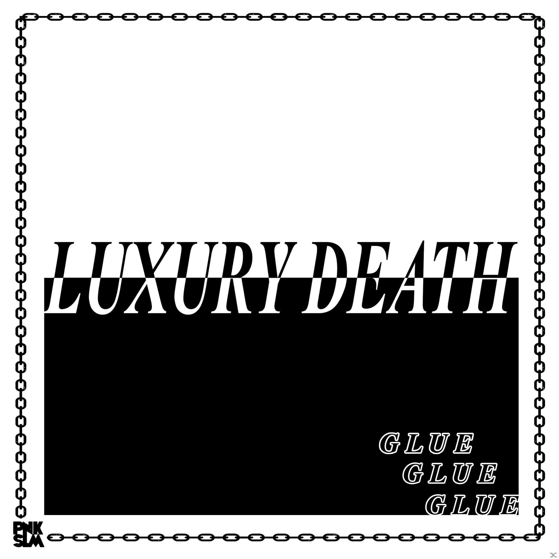Schwarz-Weiß-Textdesign mit den Worten 'LUXURY DEATH' und 'GLUE'.