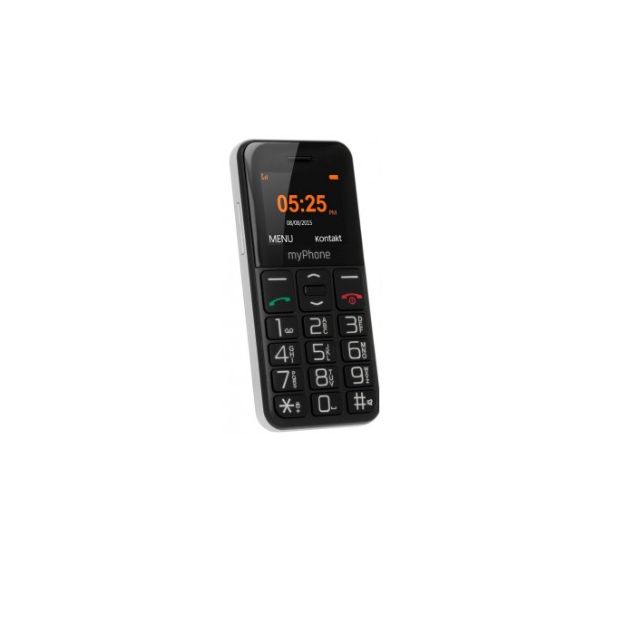Fekete mobiltelefon. A digitális képernyőn az idő, a dátum és a menü opciói láthatók. Nagy, számozott gombok.
