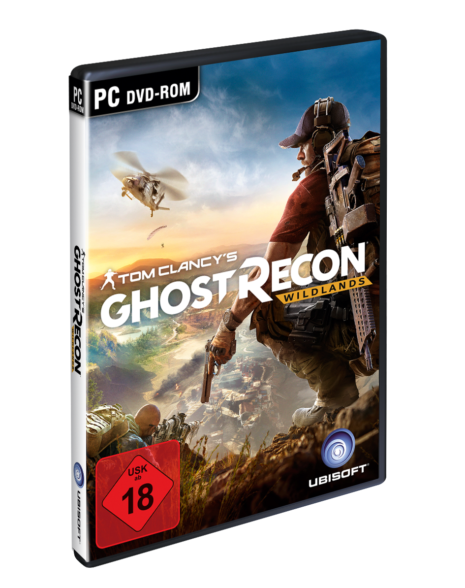 Spielbox-Art für Tom Clancy's Ghost Recon Wildlands. Zeigt einen Soldaten mit einer Waffe in einem Berggebiet.