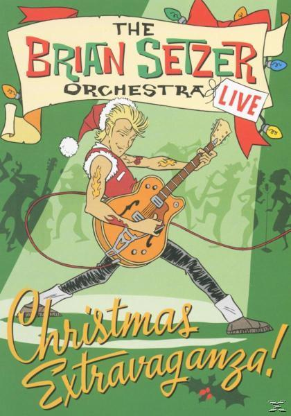 Brian Setzer Orchestra Albumcover. Cartoon eines Gitarre spielenden Mannes. Weihnachtsextravaganza Text. Grüner Hintergrund.