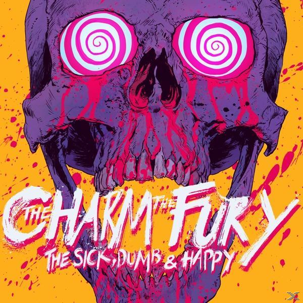 Schädel mit wirbelnden Augen, rotes Blut. Der Bandname ist The Charm The Fury. Gelber Hintergrund.