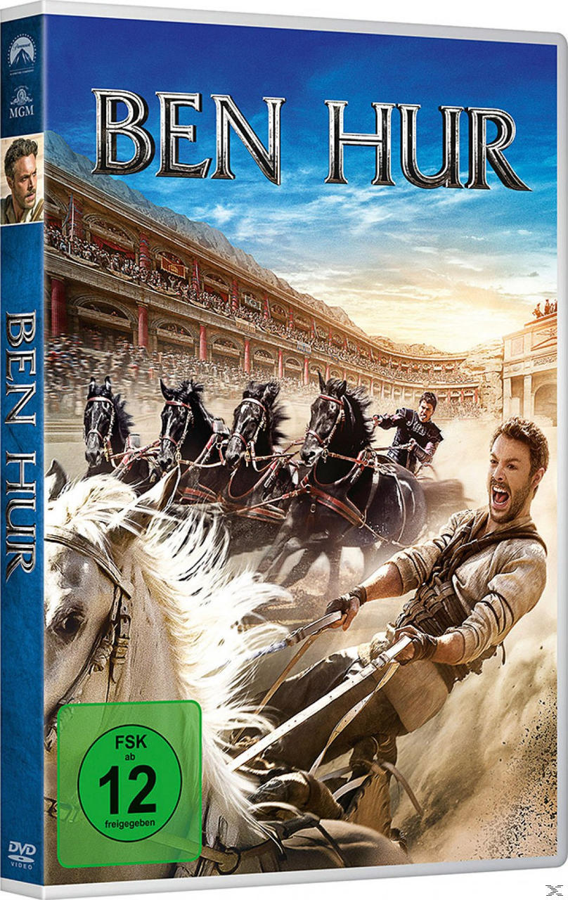 DVD-Cover von Ben Hur. Zeigt eine Wagenrennszene mit Pferden und Männern und einen blauen Himmel.