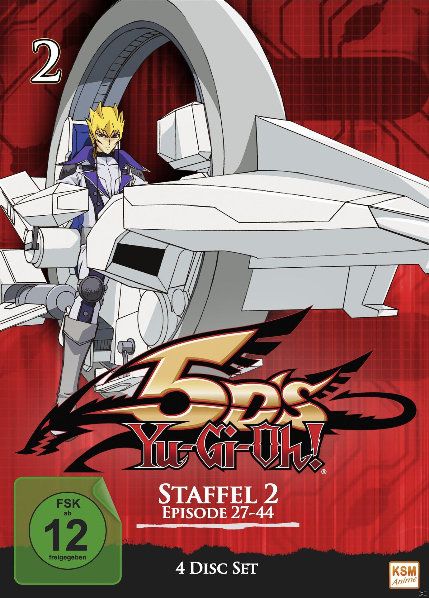 DVD-Hülle: Yu-Gi-Oh! 5D's, Staffel 2, Episoden 27-44, mit Charakter in einem Fahrzeug, roter Hintergrund und die Zahl 2.