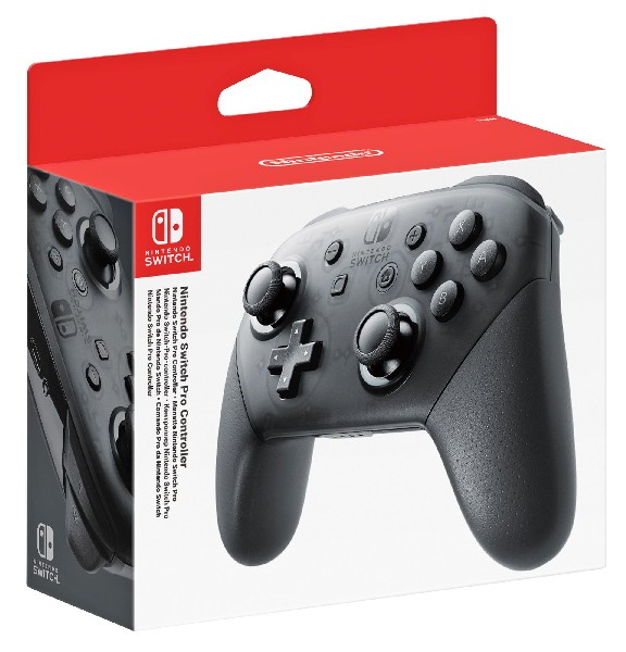 Mando Pro de Nintendo Switch en una caja transparente con tapa roja. Mando negro.