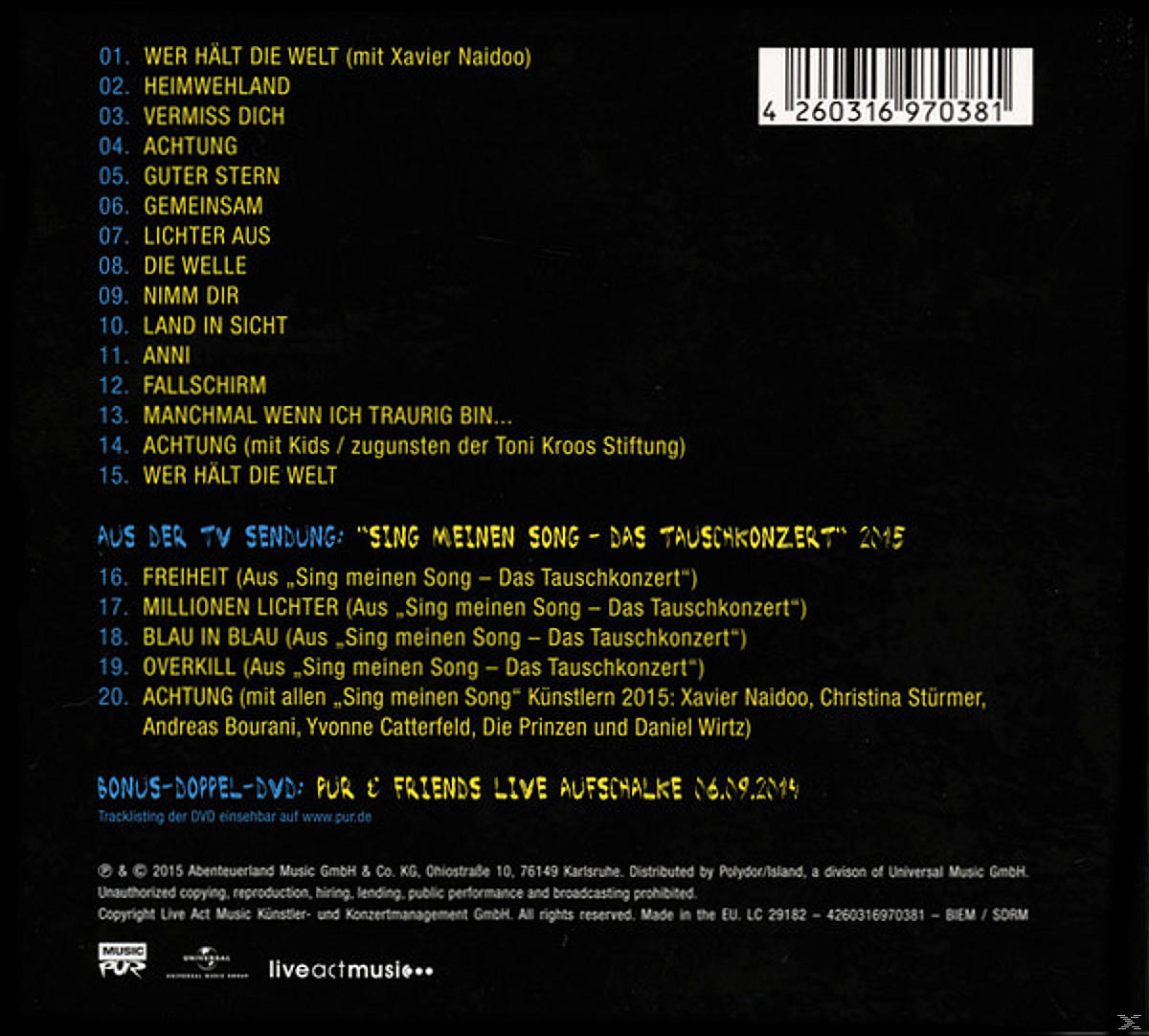 Rückseite einer CD-Hülle mit deutscher Titelliste, einschließlich Songtiteln und Credits.
