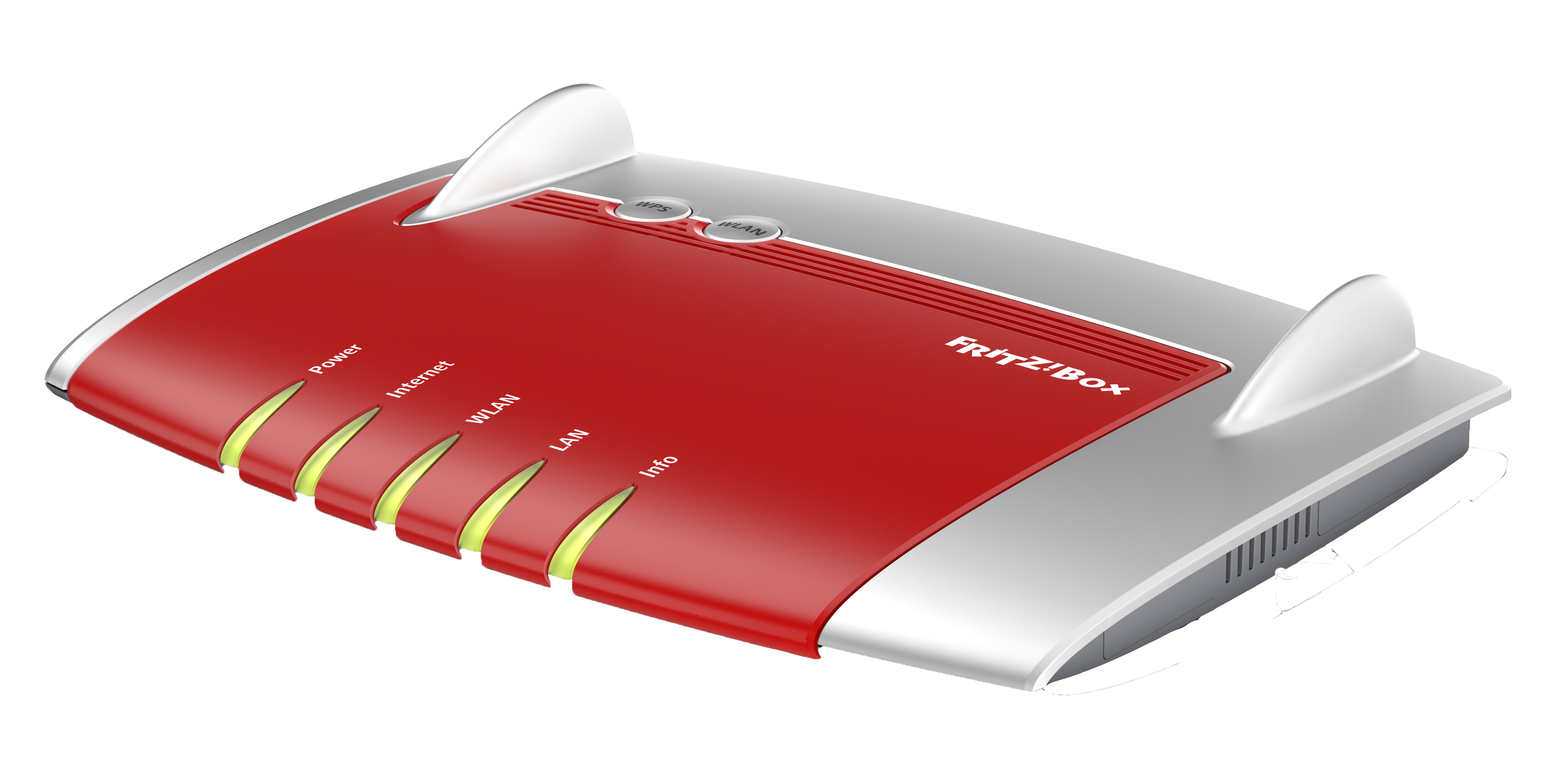 Rode en zilveren FRITZ!Box router. Heeft lampjes die stroom, internet, WLAN, LAN en info aangeven.