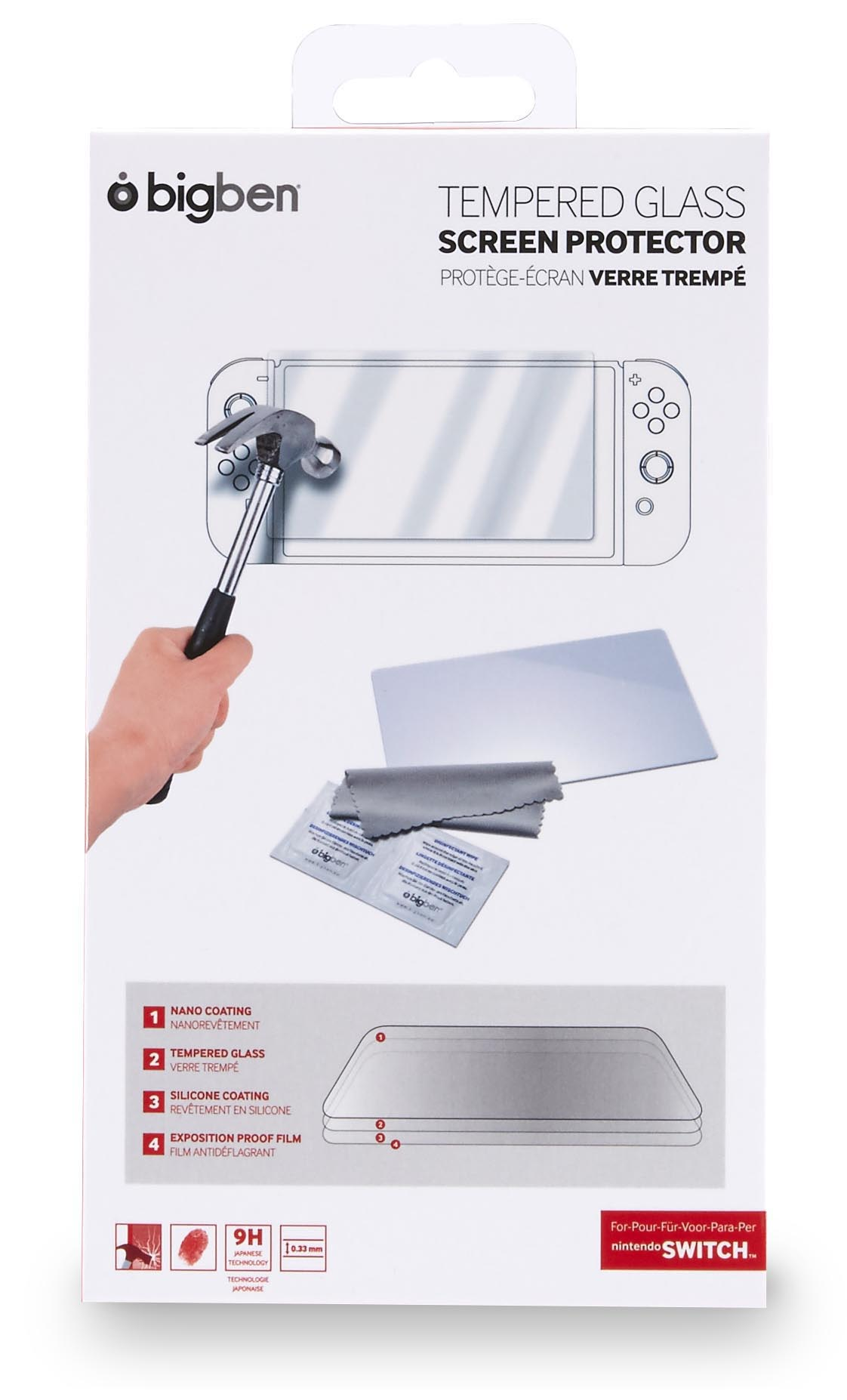 Verpackter Displayschutz für Nintendo Switch, mit Werkzeugen und Switch-Umriss.