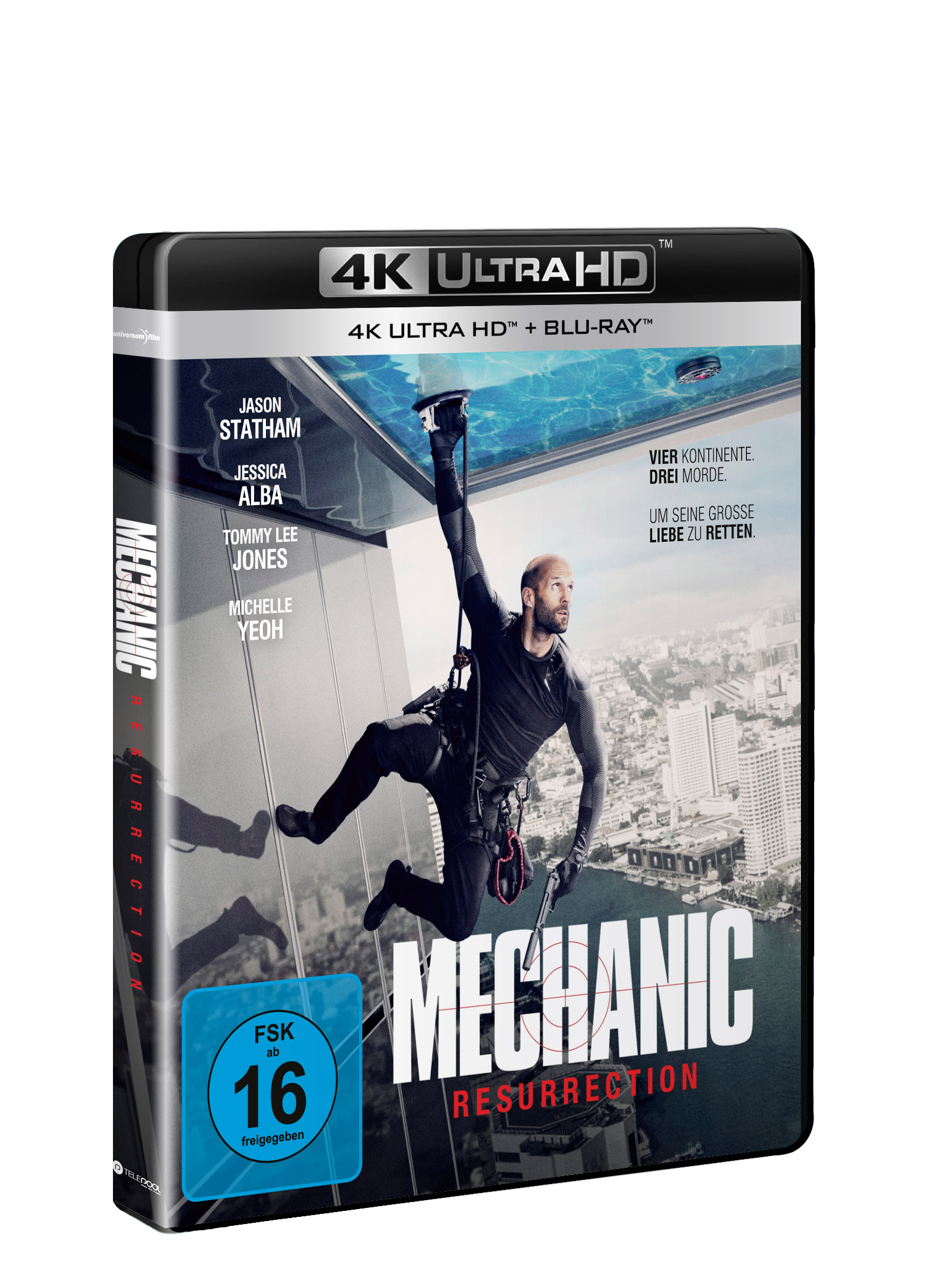 Filmcover mit Jason Statham, der hängt, mit dem Titel 'Mechanic: Resurrection'.