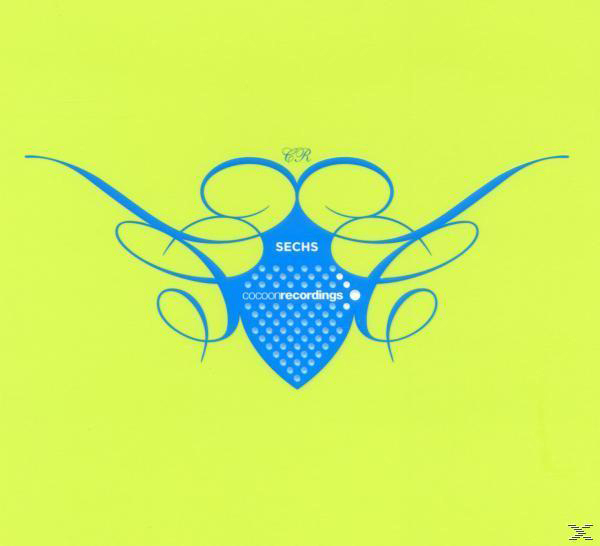 Albumcover: Neongrüner Hintergrund mit blauem abstraktem Design und dem Wort SECHS.
