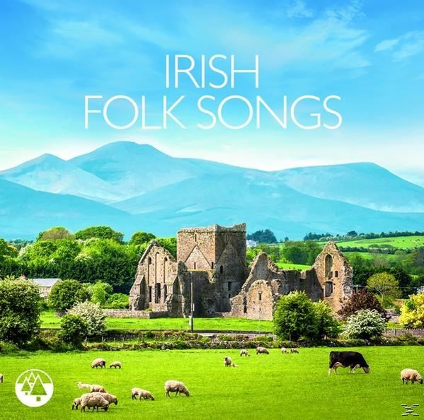 Landschaft: grüne Felder, Schafe, Berge und eine Burgruine. Text oben: 'Irish Folk Songs'.