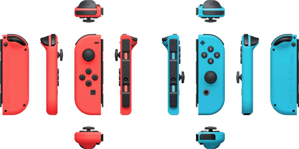 Plusieurs vues des joy-cons rouges et bleus de la Nintendo Switch.