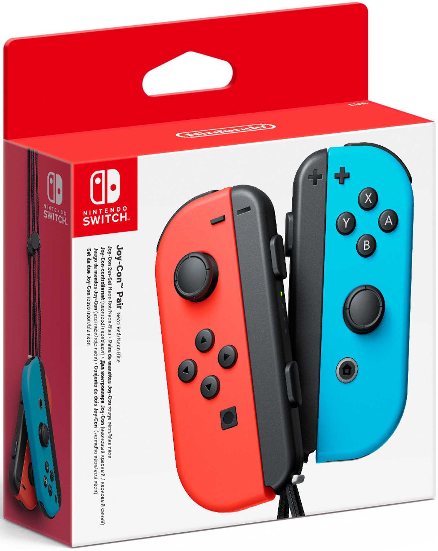 Manettes Joy-Con Nintendo Switch dans leur emballage. Manettes rouge et bleue sur la boîte.