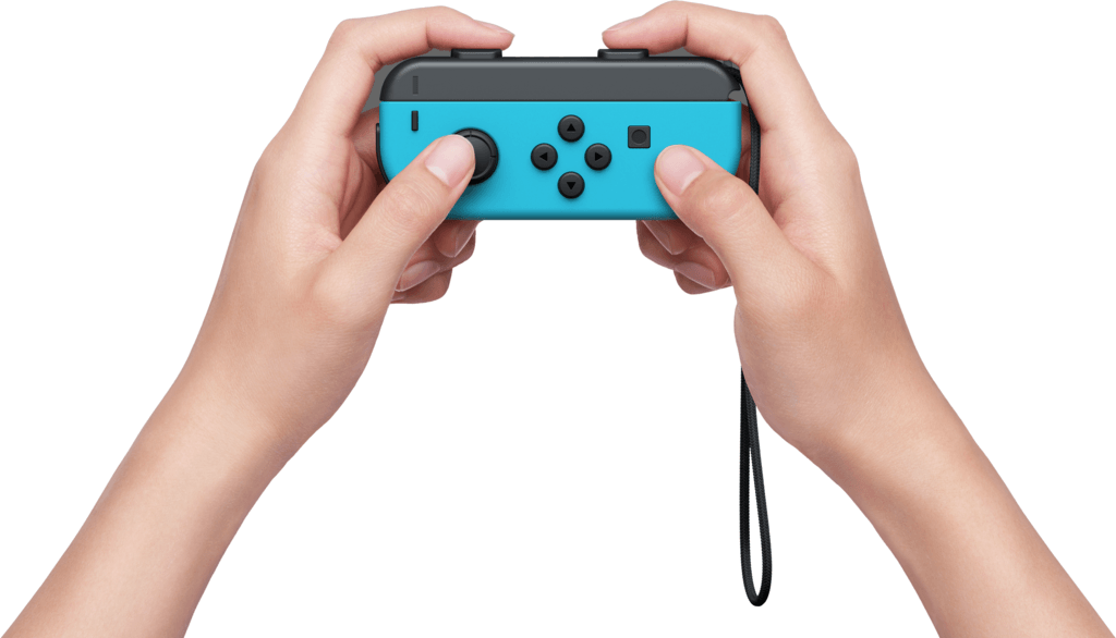 Mains tenant une manette Joy-Con Nintendo Switch bleue et noire. Boutons visibles.