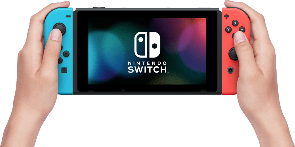 Mains tenant une console Nintendo Switch, écran allumé, manettes bleues et rouges.