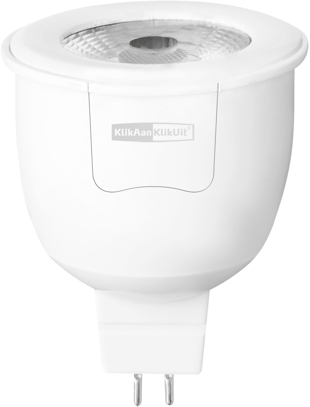 Witte gloeilamp met twee pinnen. De merknaam "KlikAan KlikUit" is zichtbaar op de lamp.