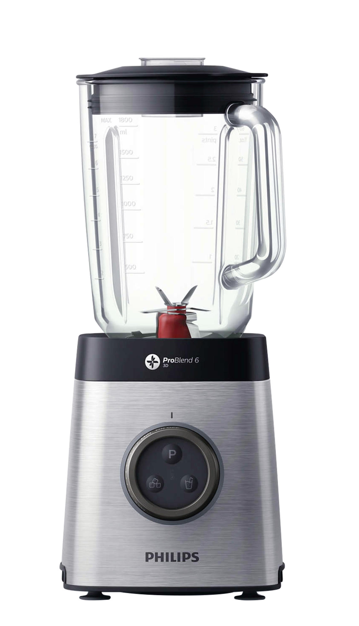 Een zilveren en zwarte blender met een doorzichtige kan, een zwart deksel en een handvat.