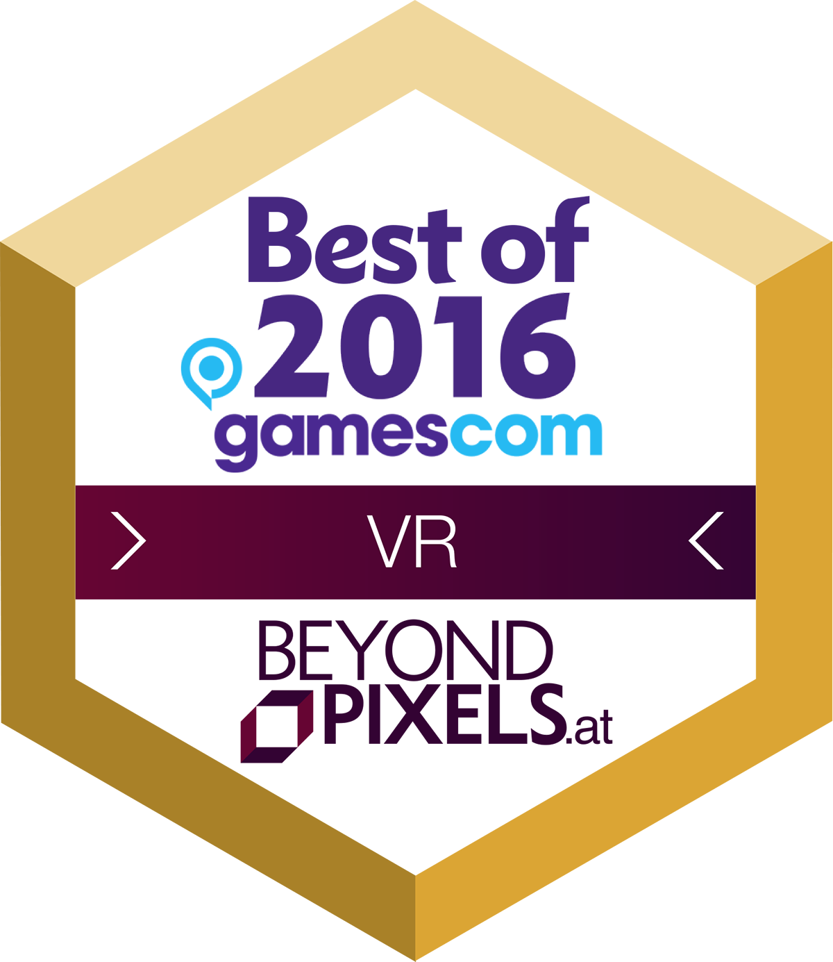 Ein sechseckiges Auszeichnungsabzeichen mit Text 'Best of 2016 gamescom VR' und Beyond Pixels Logo.
