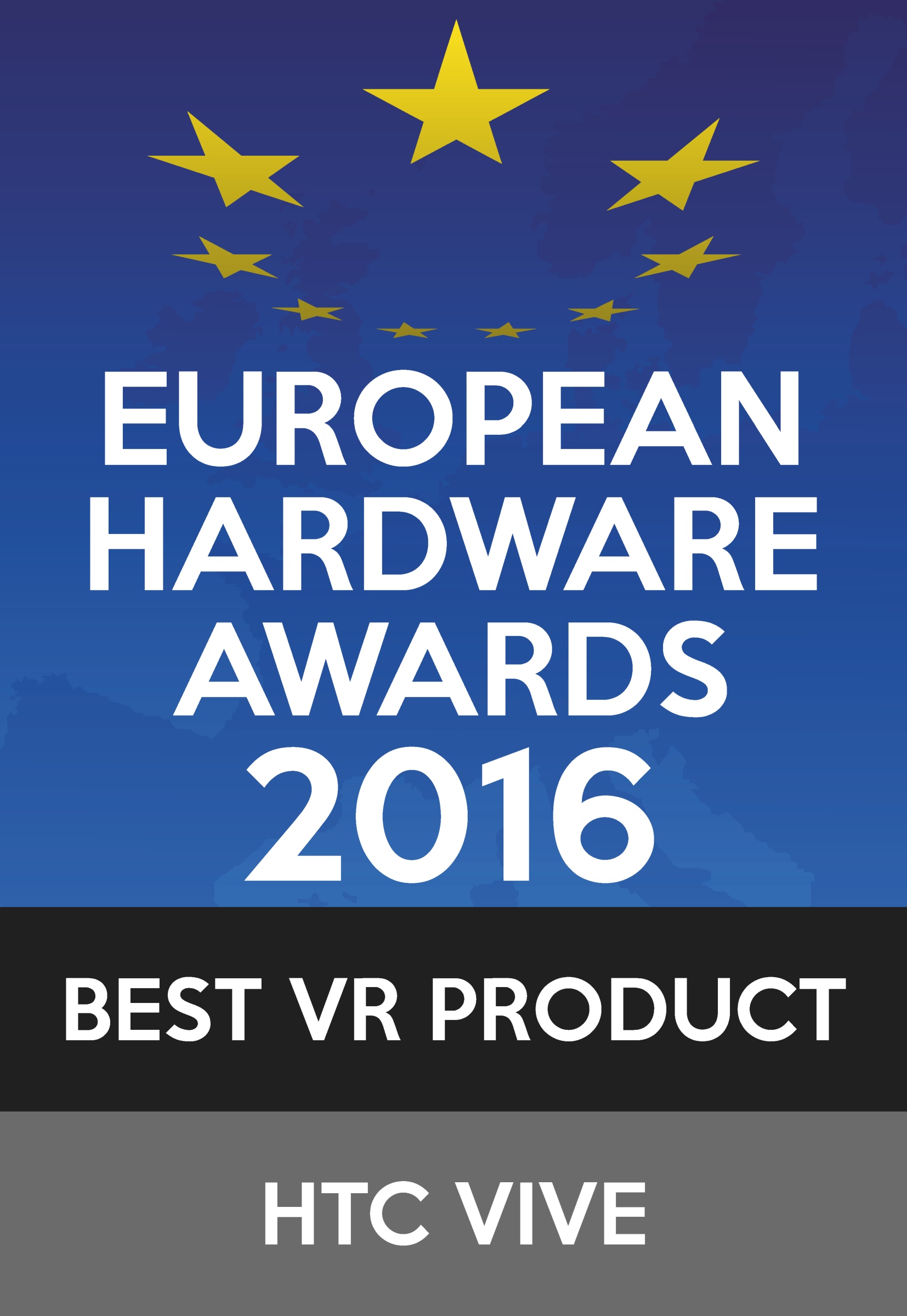 Auszeichnung für 'European Hardware Awards 2016 Best VR Product' mit HTC Vive Logo.