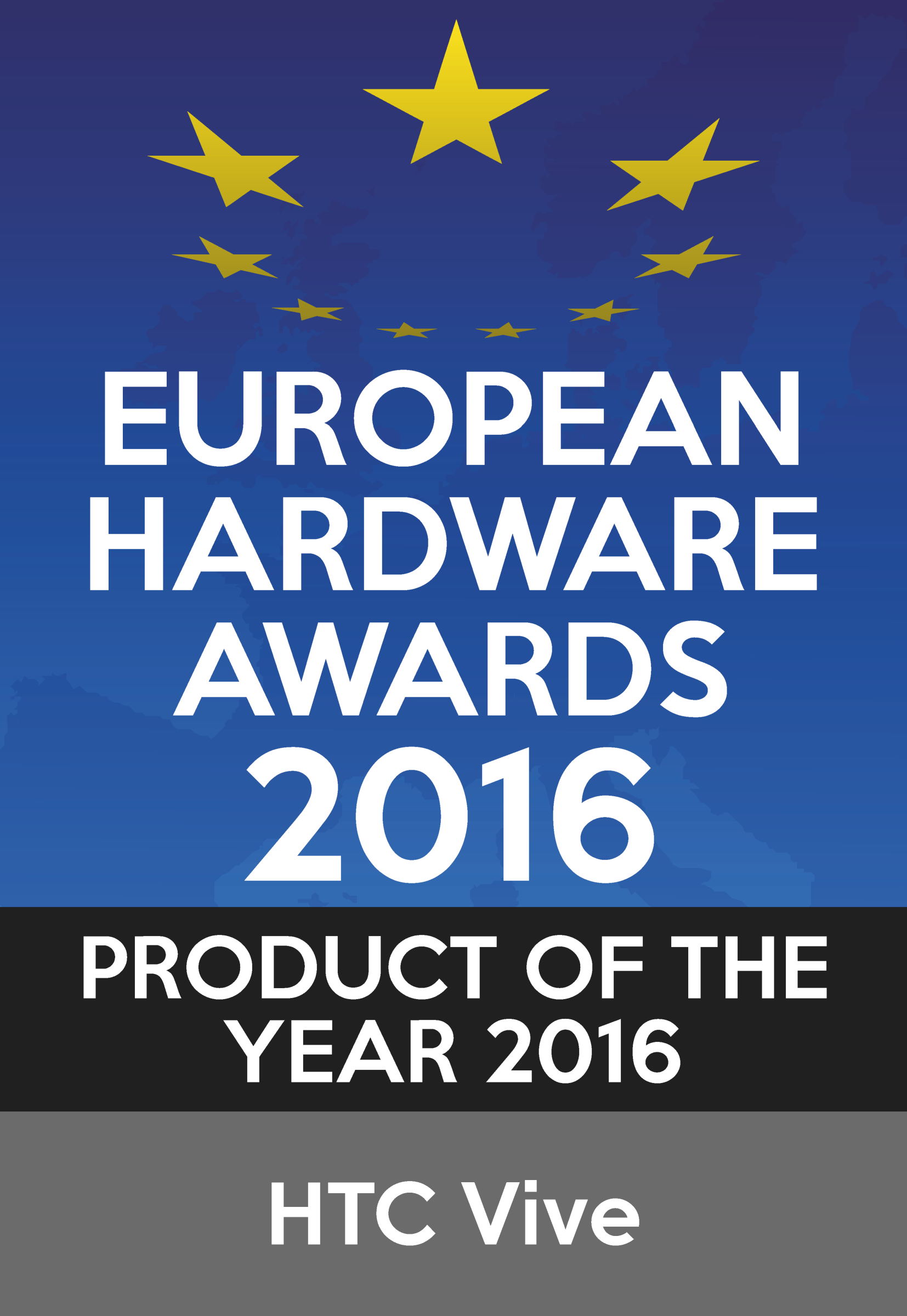 Auszeichnung für 'European Hardware Awards 2016 Product of the Year' mit HTC Vive Logo.
