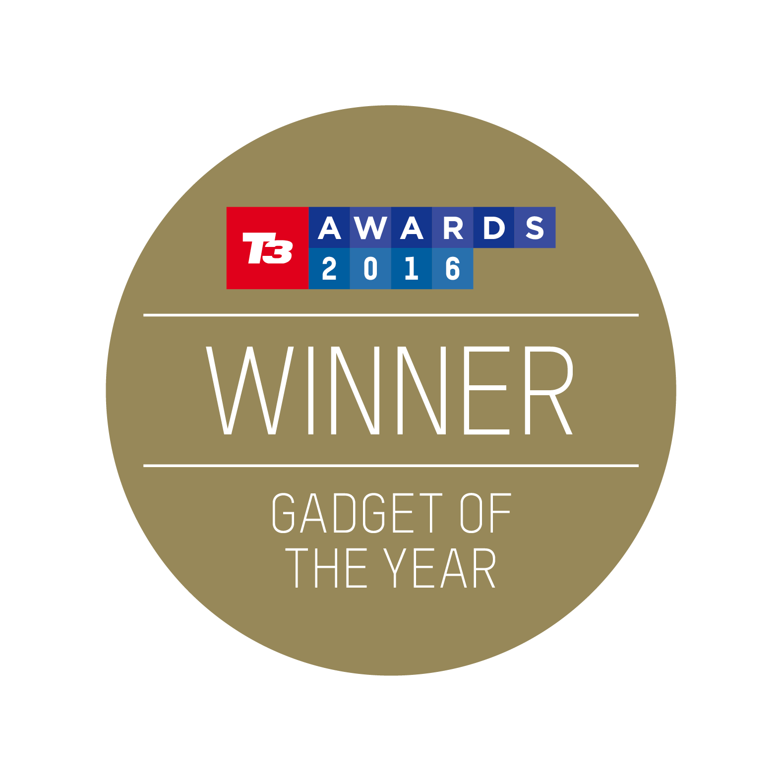 Ein goldenes Abzeichen mit 'T3 Awards 2016 Winner' Text und 'Gadget of the Year' darunter.