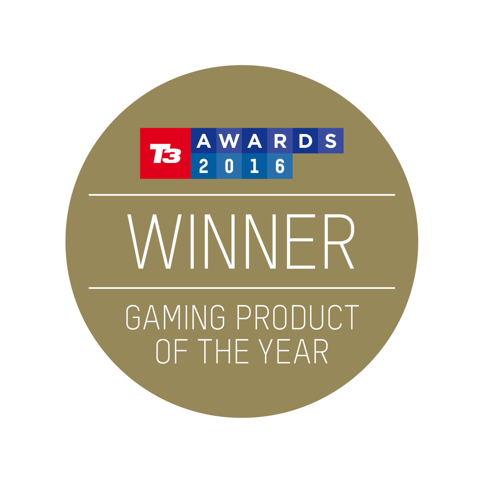 Ein goldenes Abzeichen mit 'T3 Awards 2016 Winner' Text und 'Gaming Product of the Year' darunter.