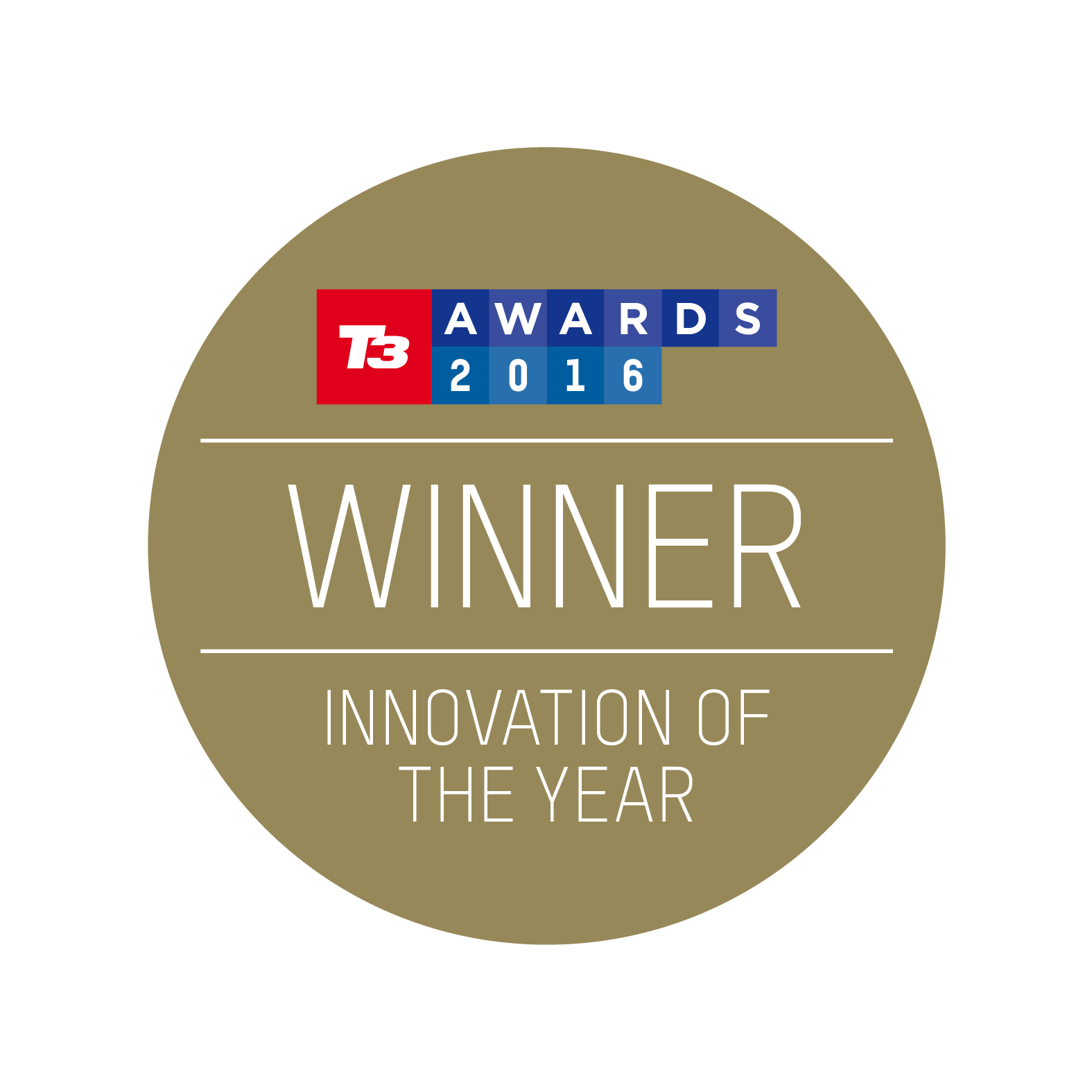 Ein goldenes Abzeichen mit 'T3 Awards 2016 Winner' und 'Innovation of the Year' Text darunter.