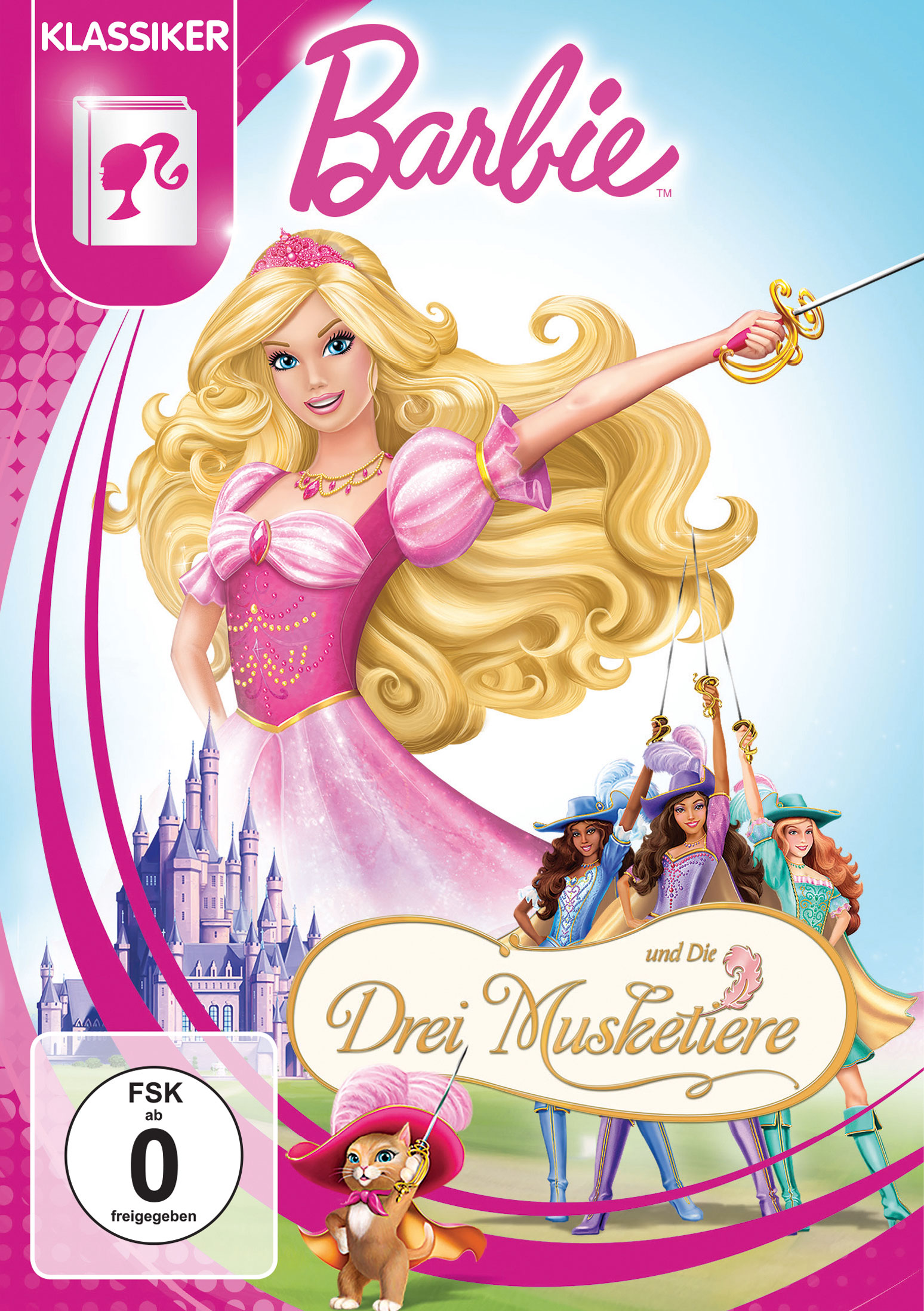 Barbie in pink mit Schwert, andere Musketiere und Schloss. Titel: "Die Drei Musketiere".