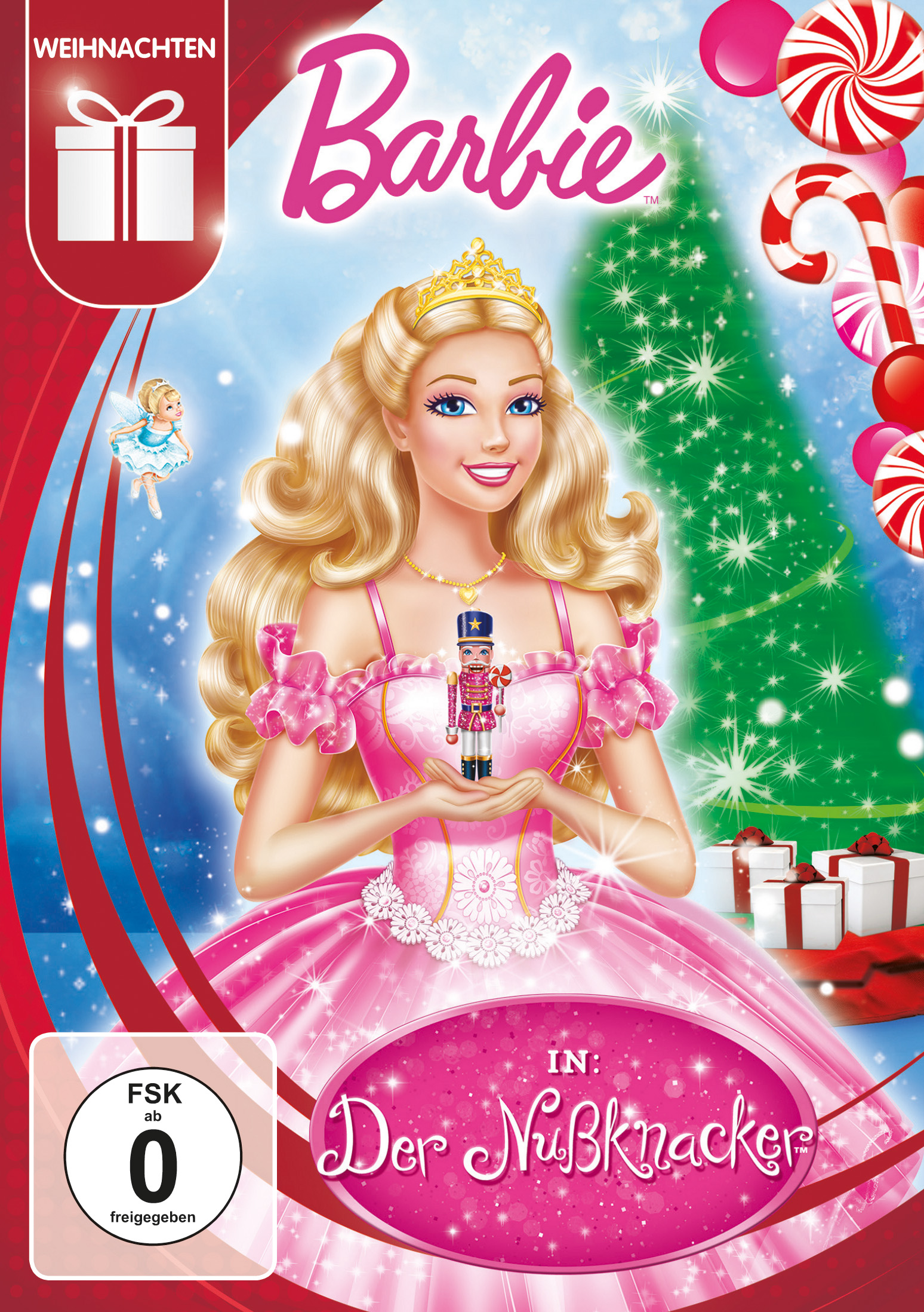 DVD-Cover von Barbie im Nussknacker. Barbie trägt ein rosa Kleid und hält einen Spielzeug-Nussknacker.
