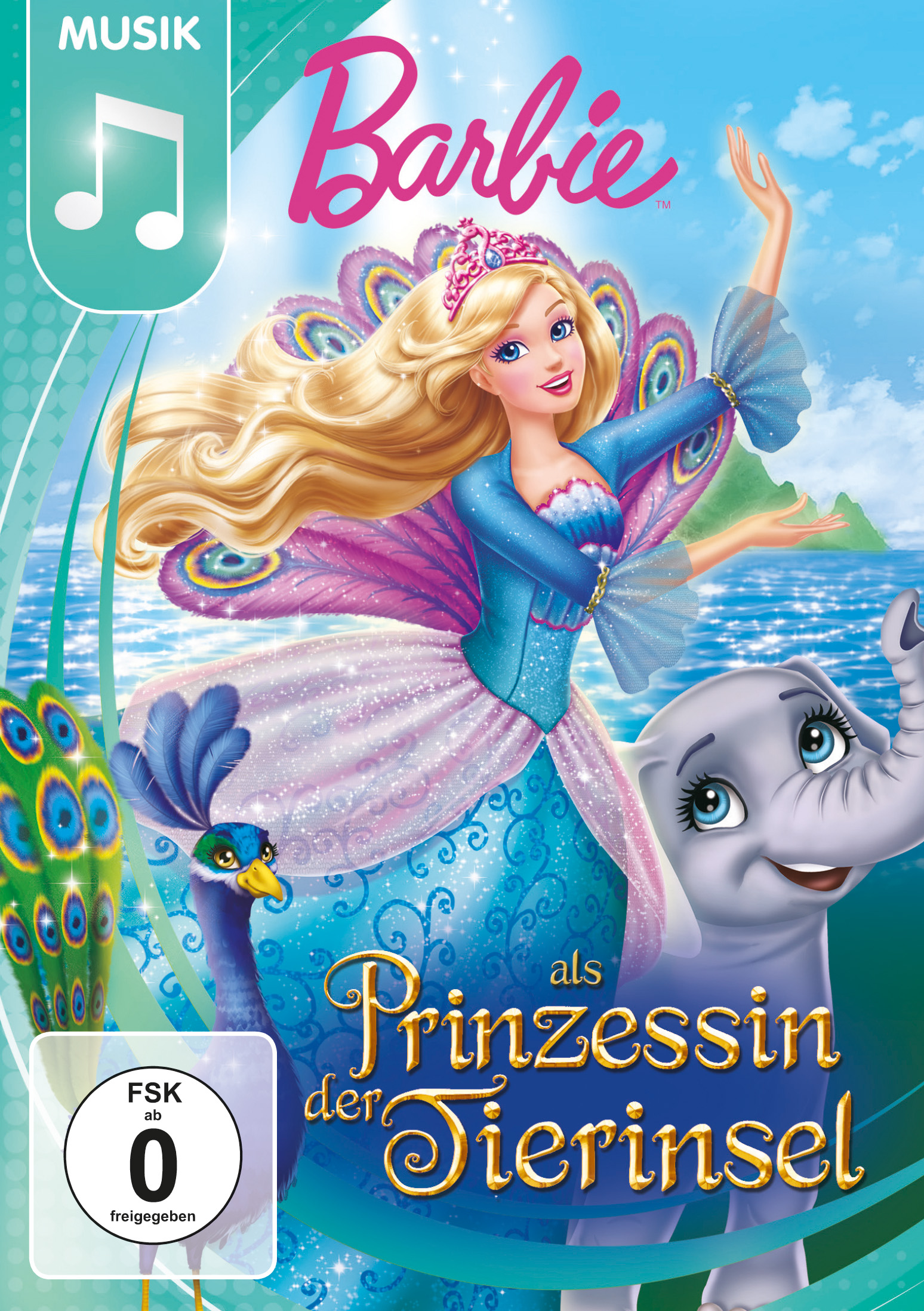 Barbie-Filmcover mit einer blonden Barbie, einem Pfau und einem Elefanten. Der Hintergrund ist ein blaues und grünes Meer.