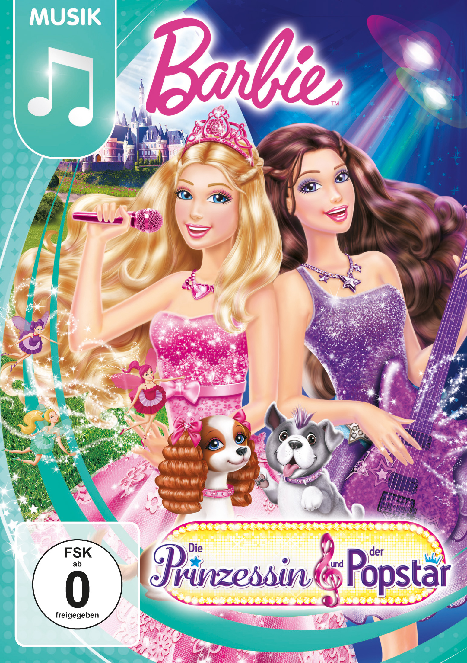 Barbie-Filmplakat. Zwei Barbie-Figuren halten ein Mikrofon und eine Gitarre.