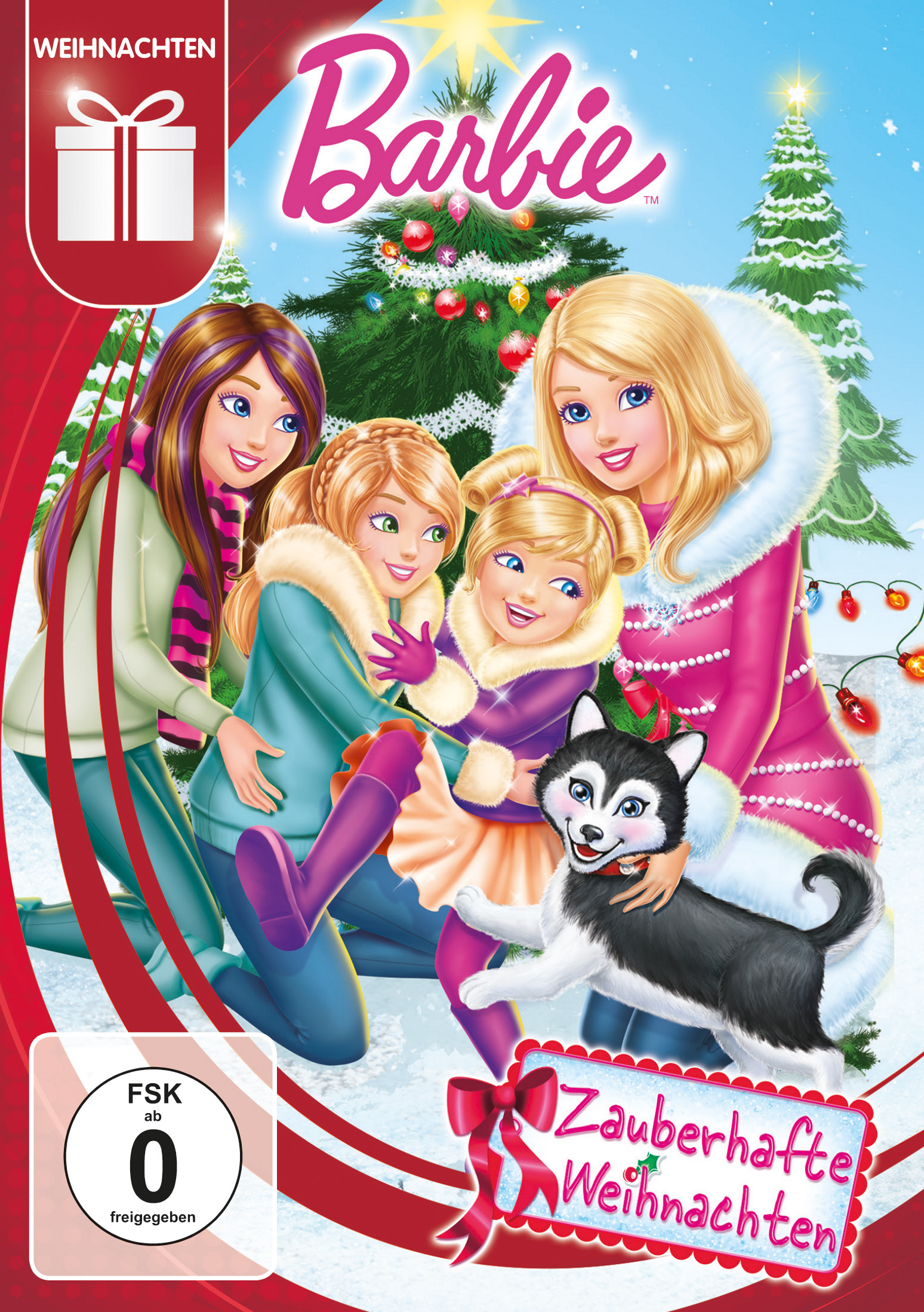 Barbie Weihnachts-DVD-Cover mit vier Mädchen, einem Hund und Weihnachtsbäumen. Der Titel ist "Zauherhafte Weihnachten".