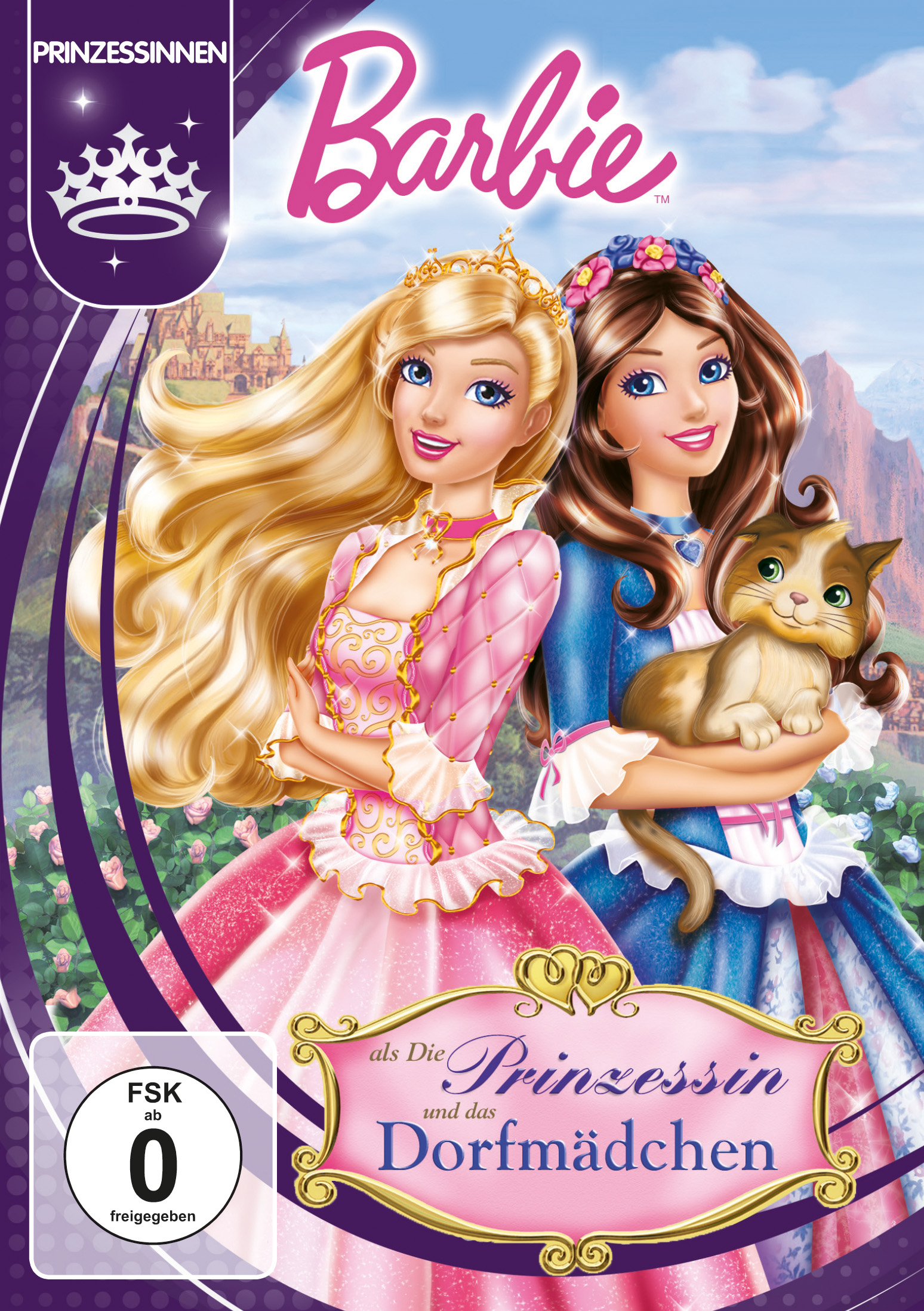 DVD-Cover: Zwei Barbie-ähnliche Prinzessinnen mit Katze, Blumen und Schloss-Hintergrund. Titel: 'Prinzessin und das Dorfmädchen'.