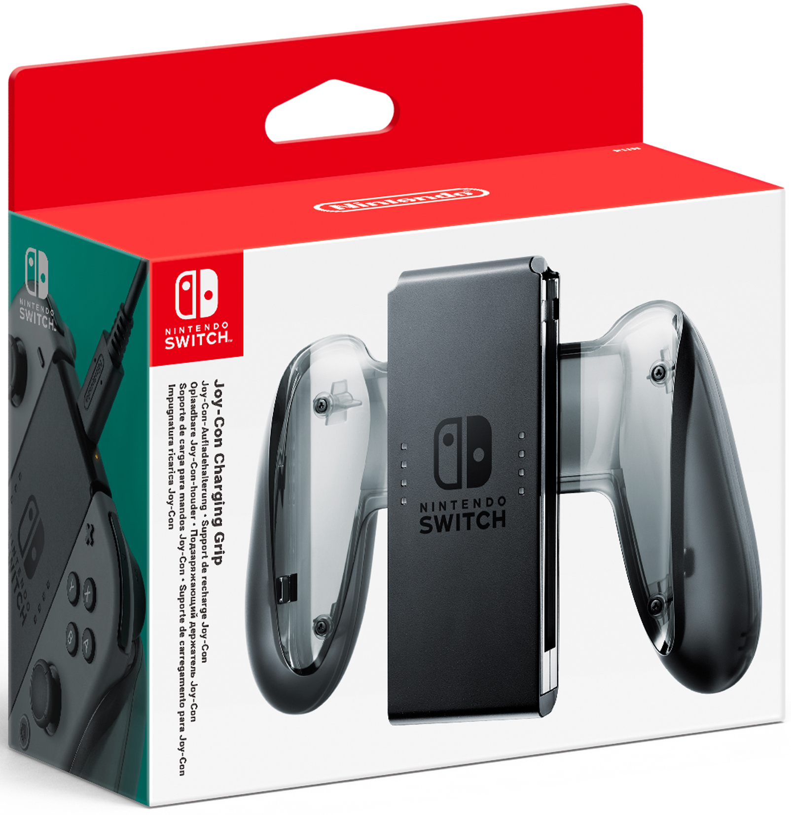 Poignée de chargement Joy-Con Nintendo Switch dans une boîte, avec les manettes visibles.