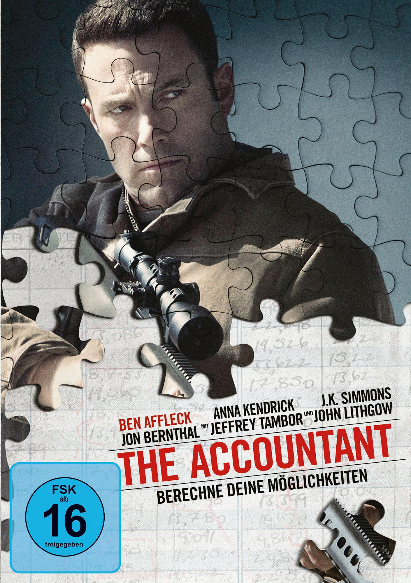 Das Filmplakat The Accountant mit Ben Affleck und Puzzleteilen.
