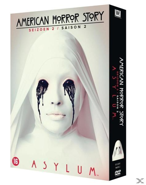DVD-hoes voor American Horror Story. Witgeblakerde vrouw met zwarte tranen. Zwart-wit kleurenschema.