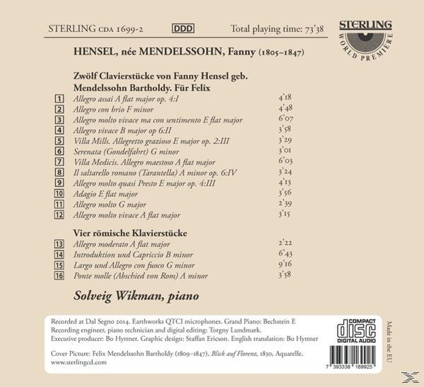 CD-Cover mit Noten und Text, der Musikstücke von Fanny Mendelssohn auflistet.