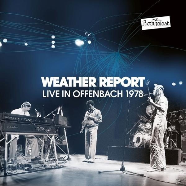 Weather Report Albumcover. Band spielt auf der Bühne. Blauer Hintergrund mit weißen Linien.