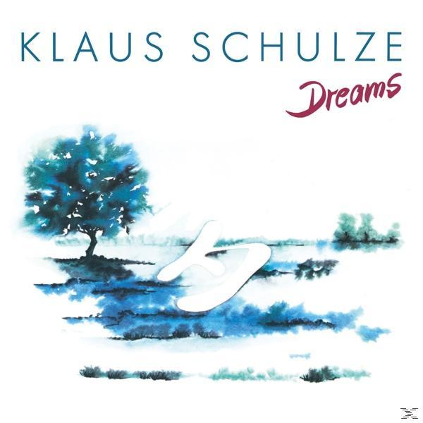 Albumcover mit dem Text 'Klaus Schulze Dreams' und einem blauen Aquarellbaum und einer weißen Form.