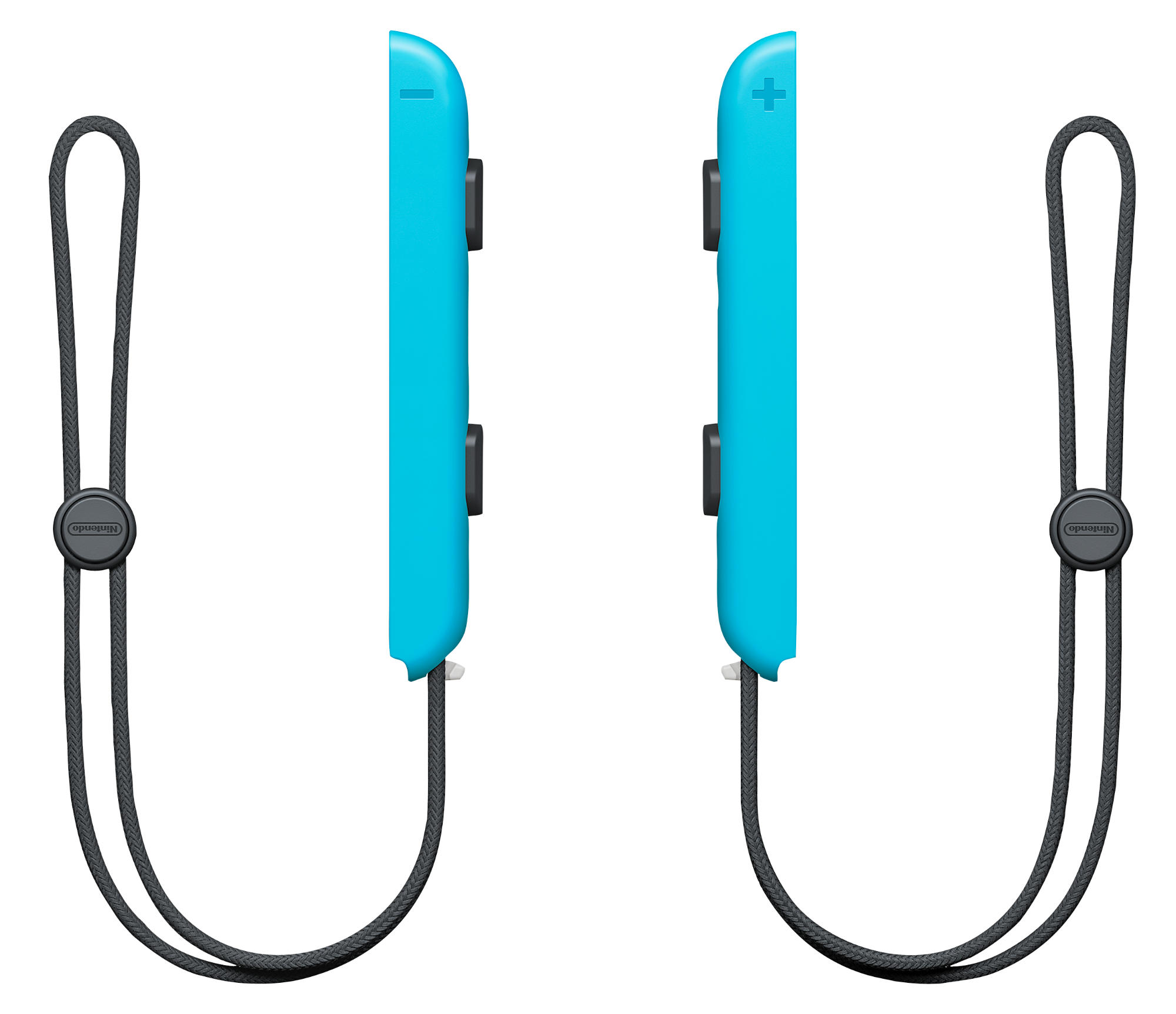 Deux manettes Joy-Con Nintendo Switch cyan avec des dragonnes noires.