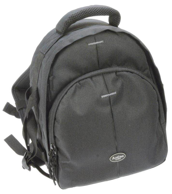 Fekete hátizsák. Elölnézet, egyszerű design. Fül a tetején, cipzárral.