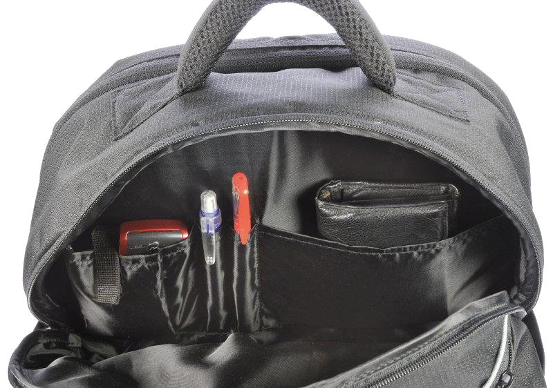 Fekete hátizsák tollakkal, pénztárcával és egy kis piros eszközzel a nyitott rekeszben.