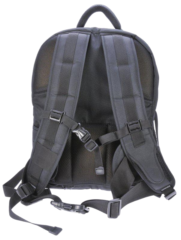 Fekete hátizsák állítható pántokkal és csatokkal. Hálós hátlap. Felső fogantyú.