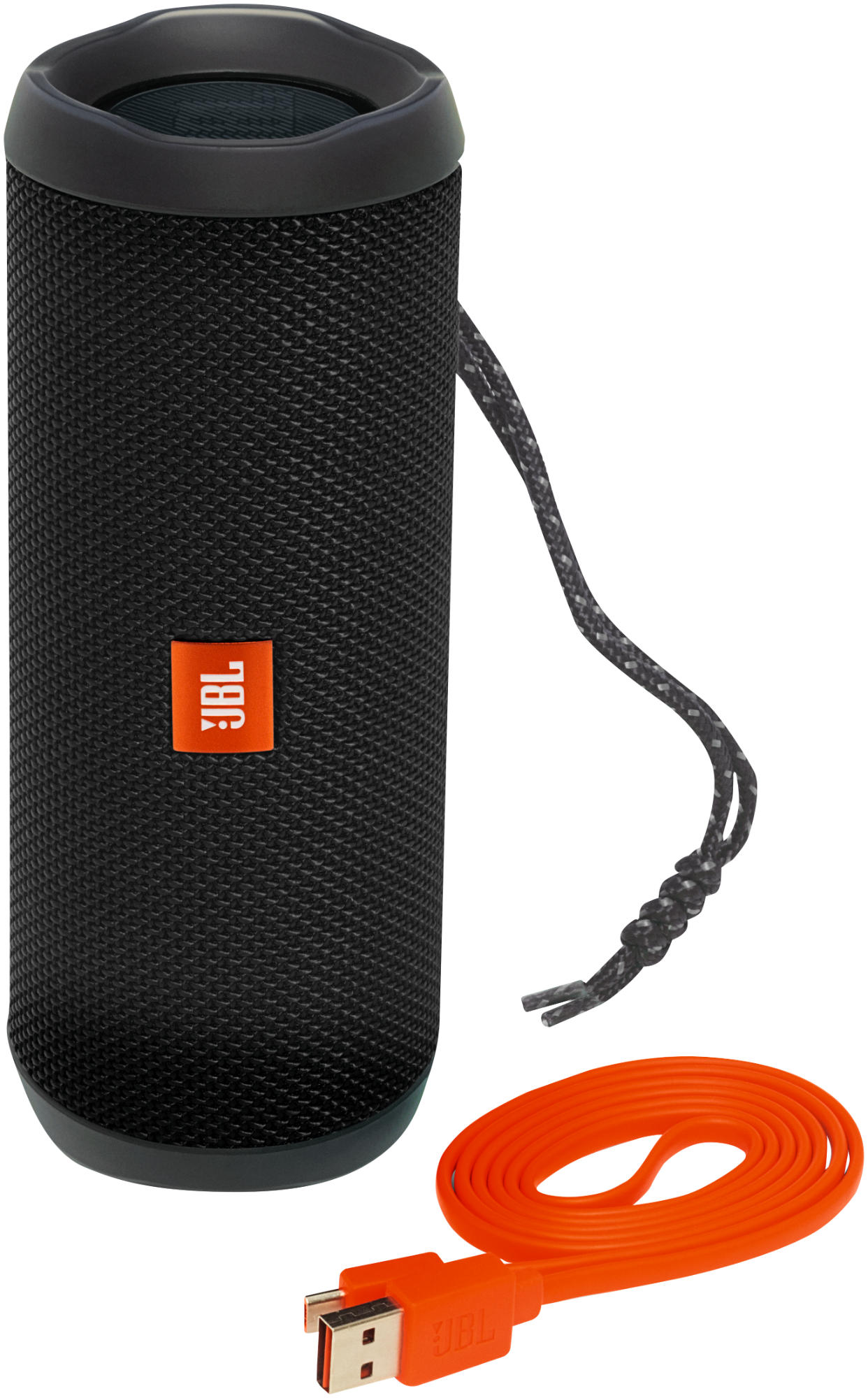 Siyah JBL hoparlör. Silindirik şekil, turuncu logo ve turuncu USB kablosu.