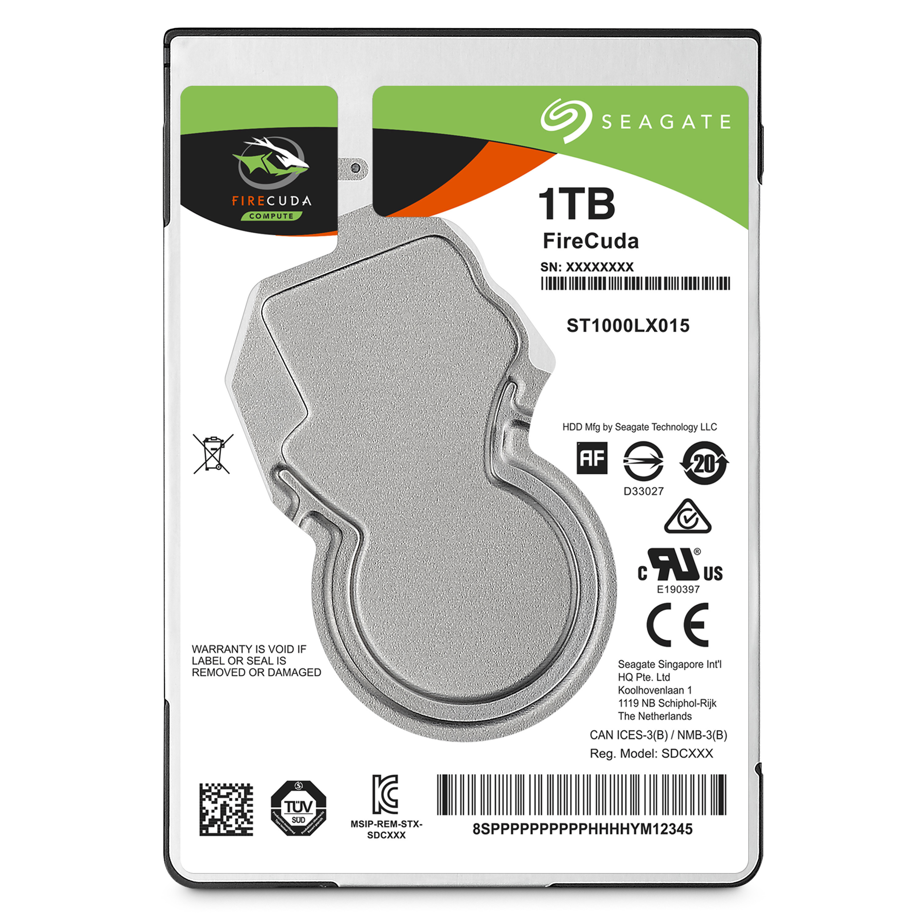 Festplattenverpackung mit einem Etikett, das Produktdetails zeigt. Die Verpackung ist weiß mit grünem und schwarzem Design.